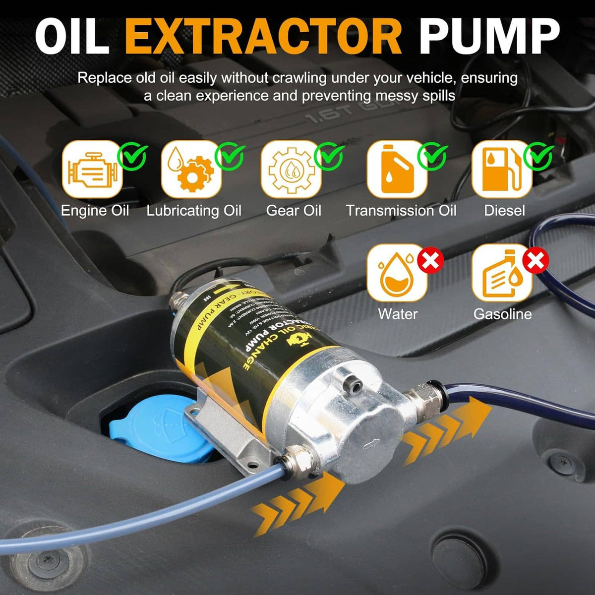 Oil extractor pump with blue hose and nozzle adapters positioned in an engine bay
