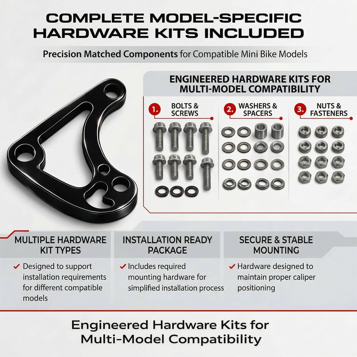 Hydraulic brake caliper hardware kit with bracket, bolts, washers, nuts and spacers