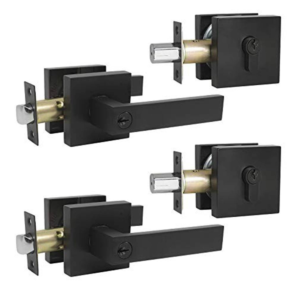 Matte black square lever handles and single-cylinder deadbolt with strike plates.