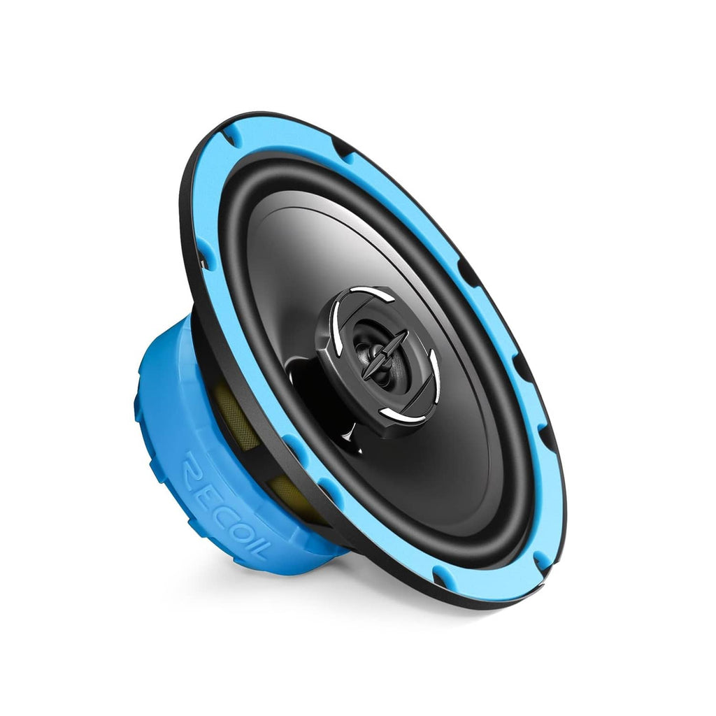 6.5-inch coaxial car speaker with black cone, blue edge ring, and silver tweeter