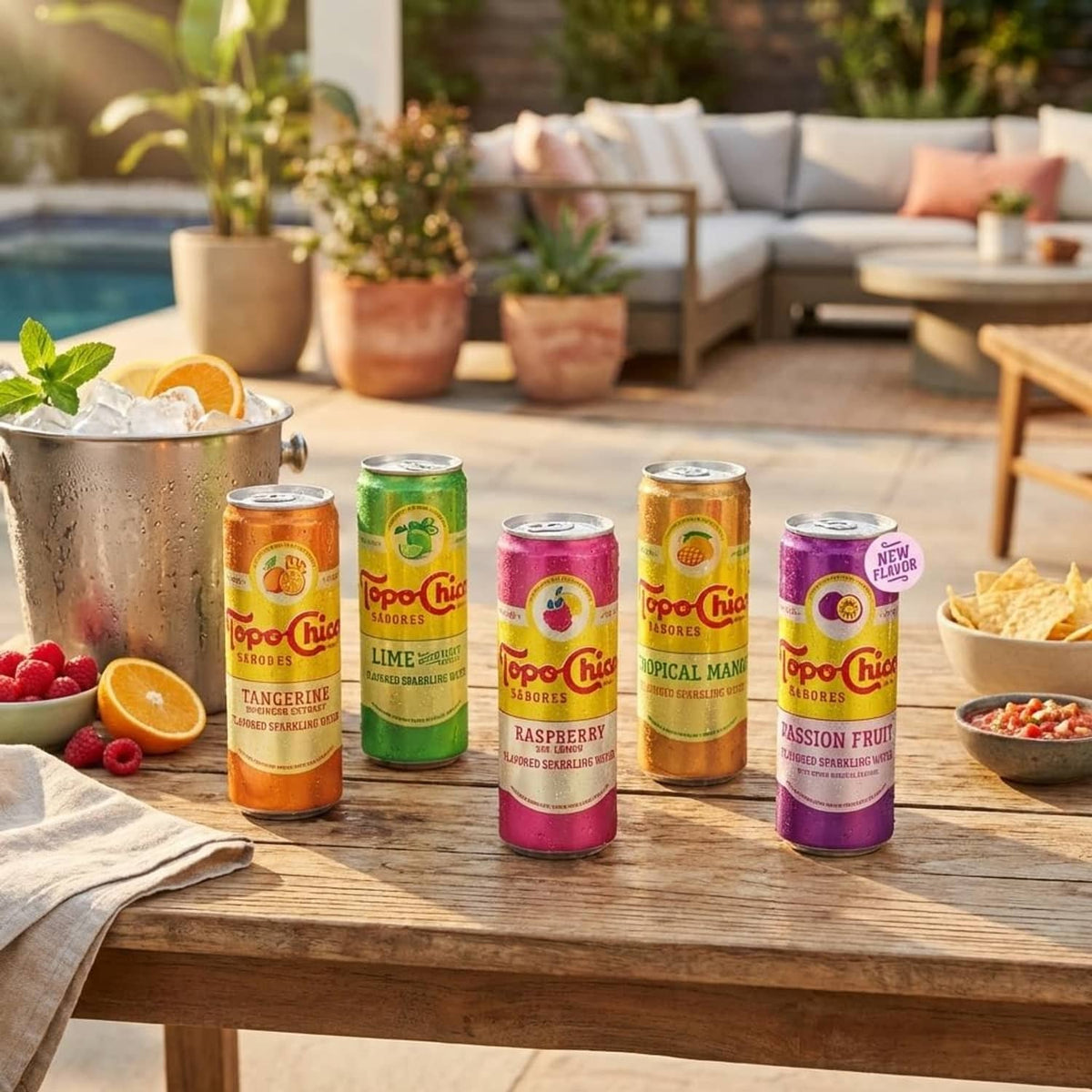 Assorted Topo Chico Sabores sparkling water cans in tangerine, lime, raspberry, mango, passion fruit