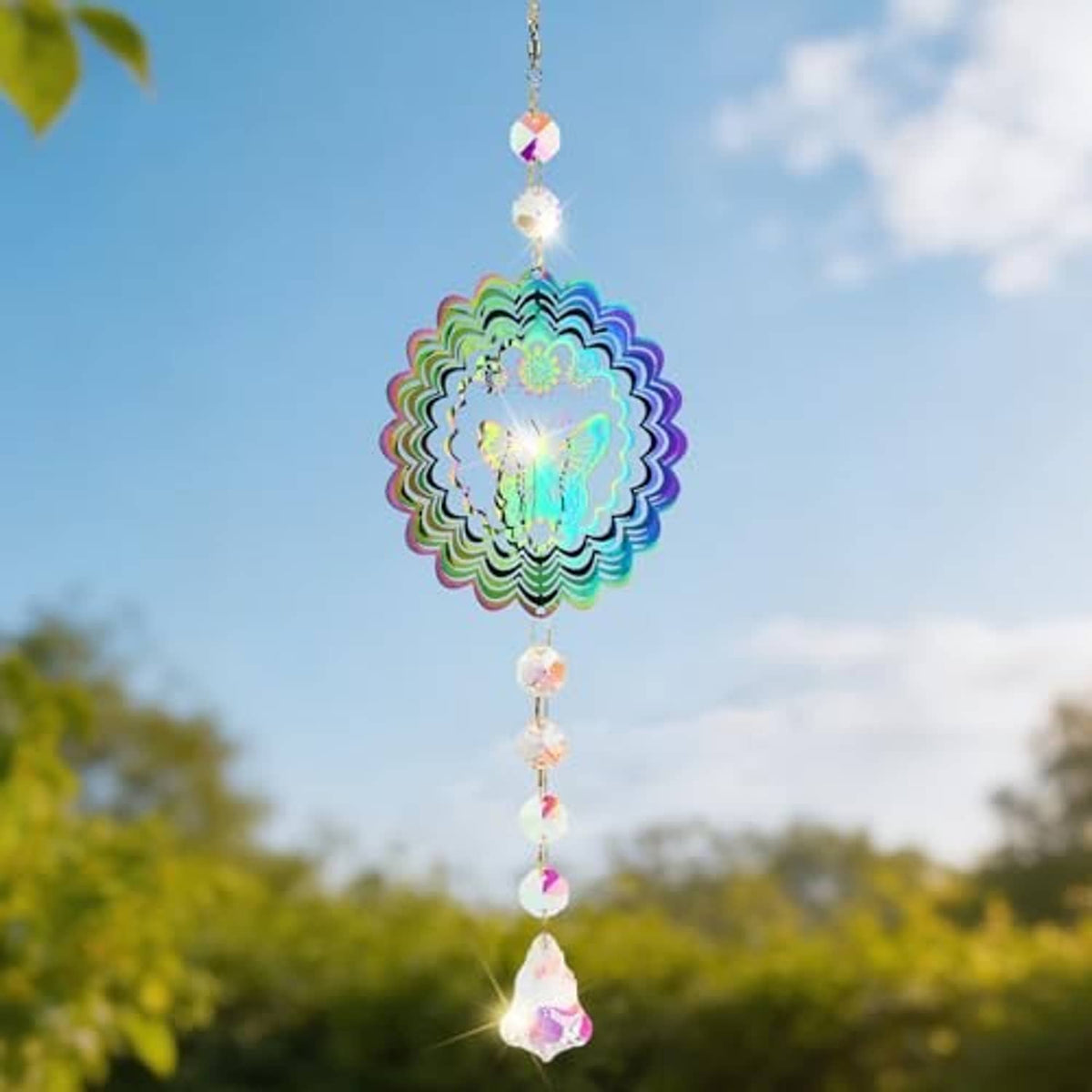 Iridescent butterfly suncatcher wind spinner with scalloped crystal disc and dangling beads