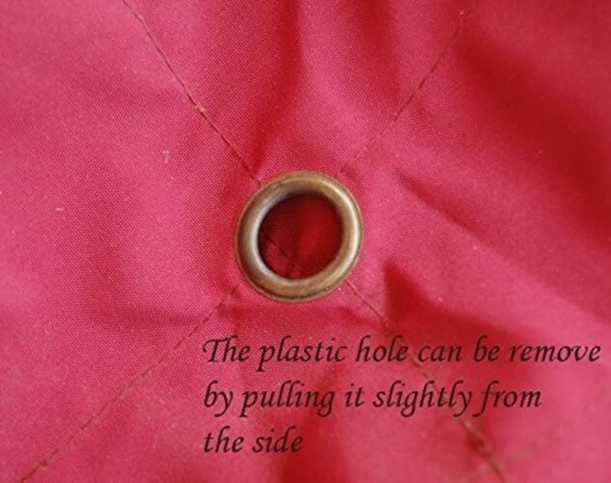 Red umbrella canopy fabric with removable plastic grommet hole and metal ring