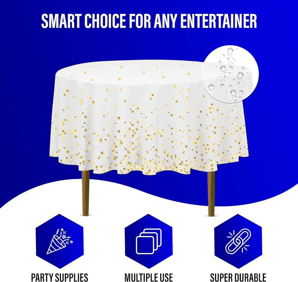 Round white plastic tablecloth with gold dots; multiple use, super durable