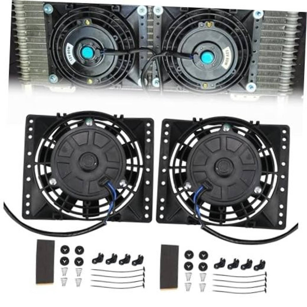 Two black 6-inch cooling fans with push-pull style mounts and cables, radiator kit