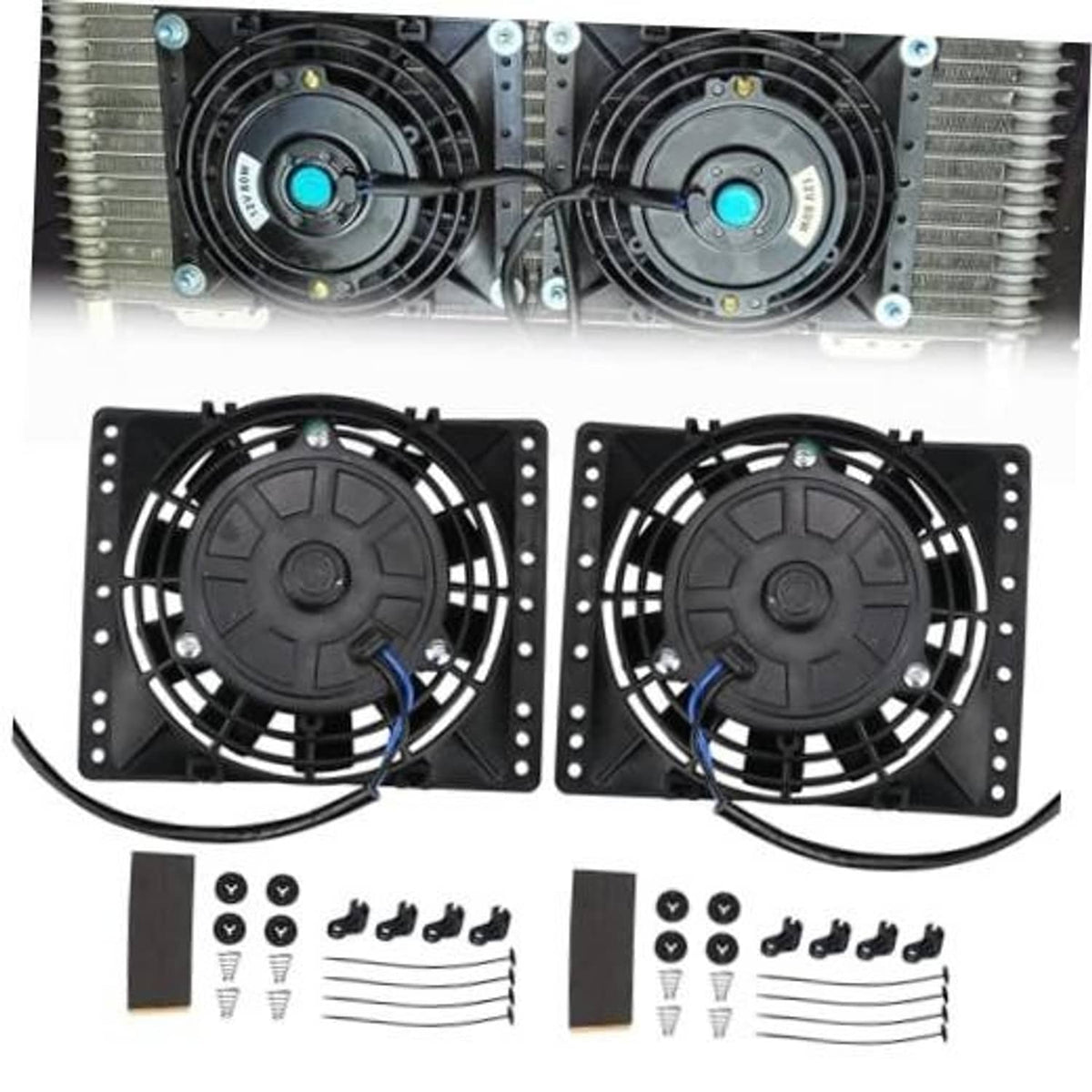 Two black 6-inch cooling fans with push-pull style mounts and cables, radiator kit