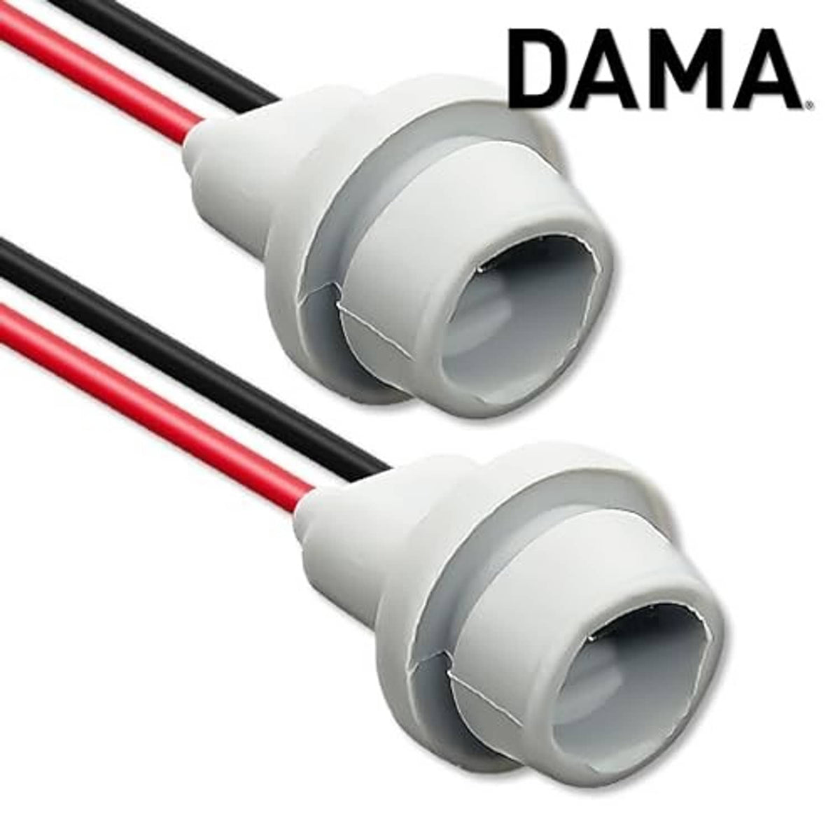 DAMA rubber-base bulb socket with gray housing and red/black wire leads, close-up
