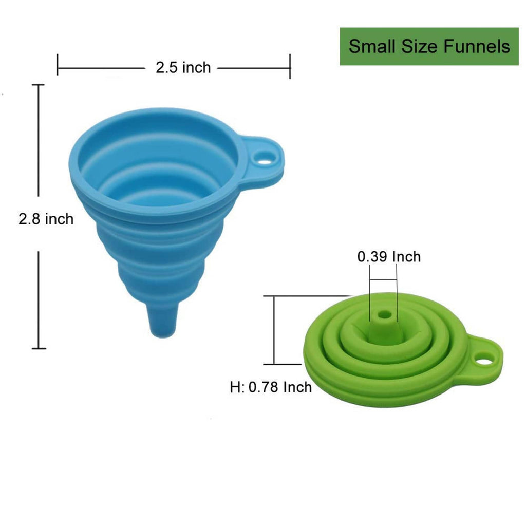 Foldable silicone kitchen funnel set: blue and green small funnels with coiled caps, size shown