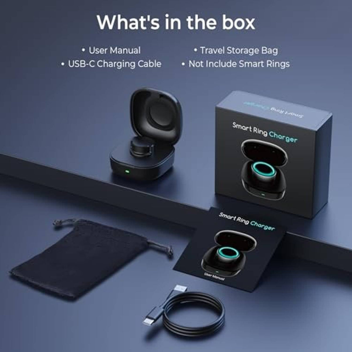 Black wireless charging case with USB cable and travel storage pouch