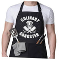 Black cooking apron with 'Culinary Gangster' graphic, front pouch pocket and neck strap