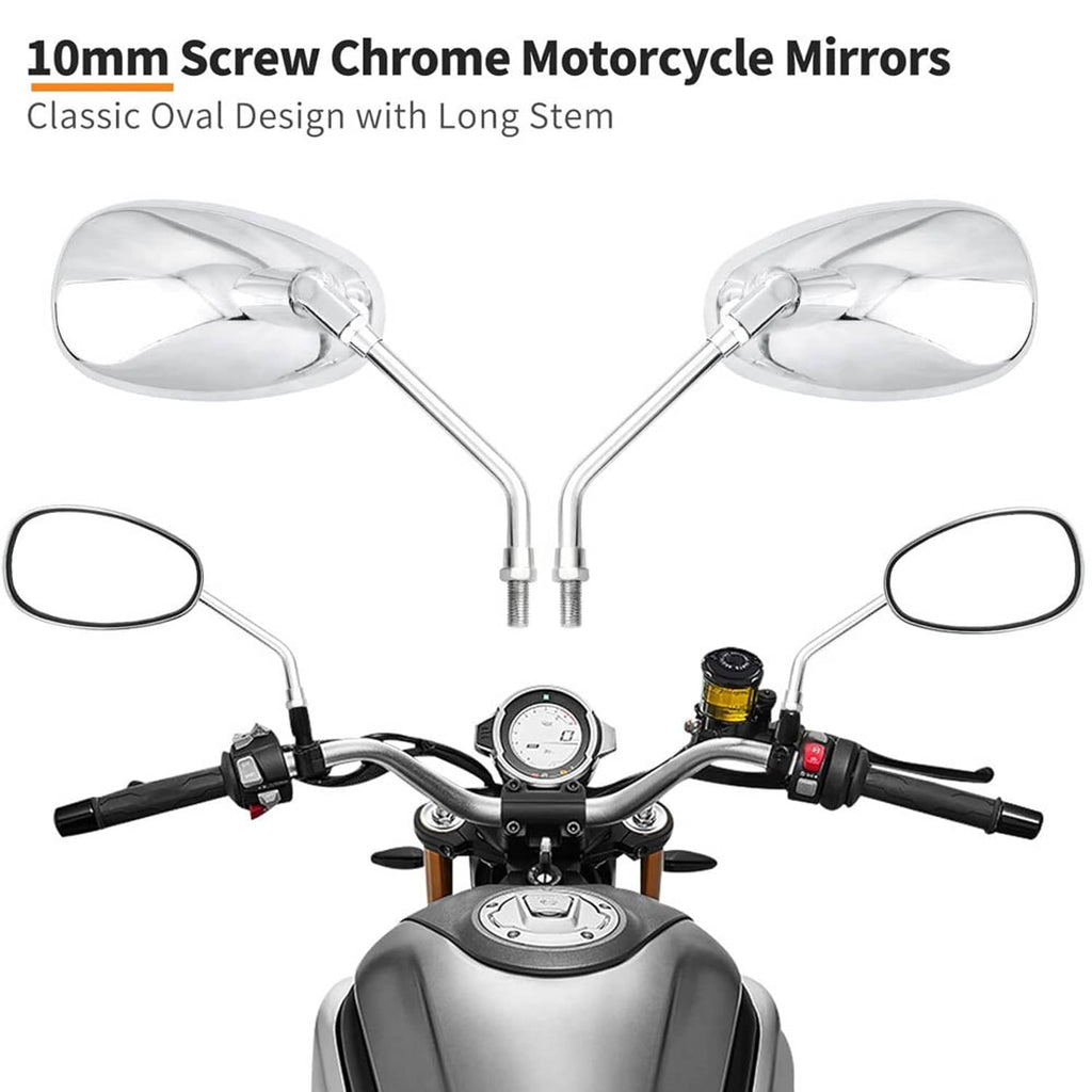 Oval chrome motorcycle mirrors with long stems and 10mm screw mounting ends
