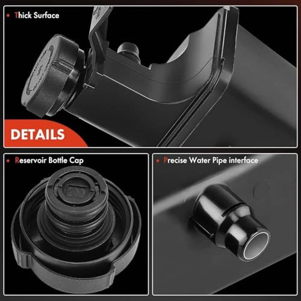 Reservoir bottle cap and water pipe interface on black coolant overflow tank
