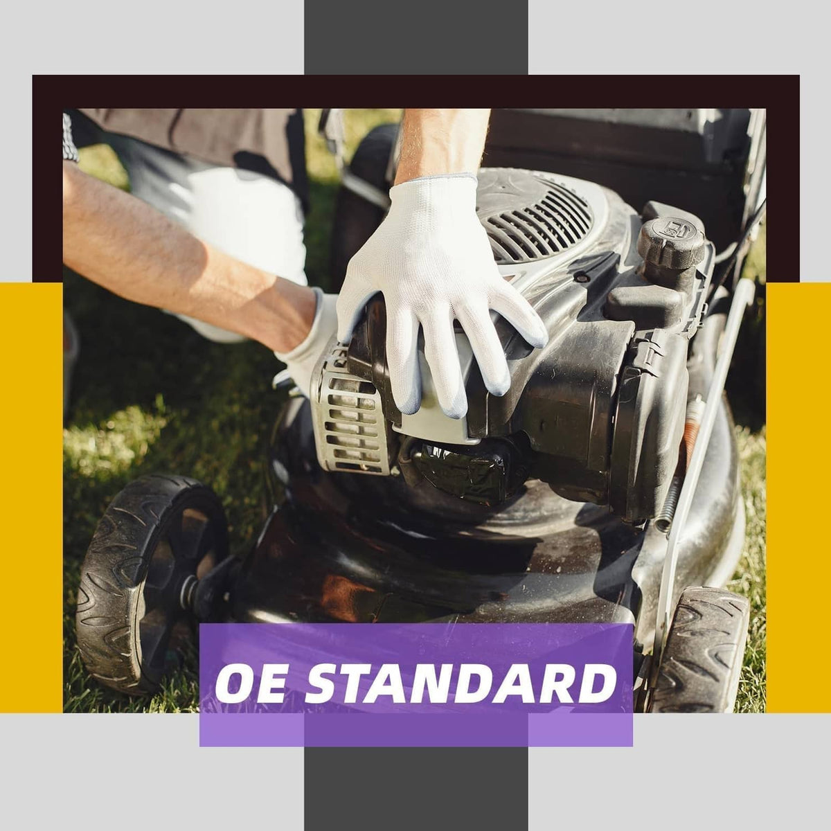 Gloved hand working on engine with 'OE STANDARD' service label
