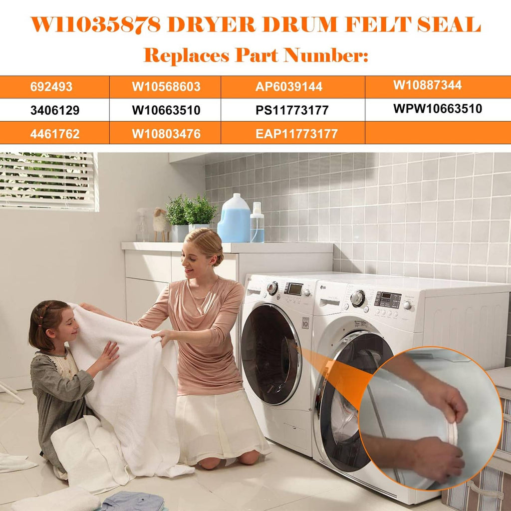 Dryer drum felt seal replacement compatibility and part-number listing graphic