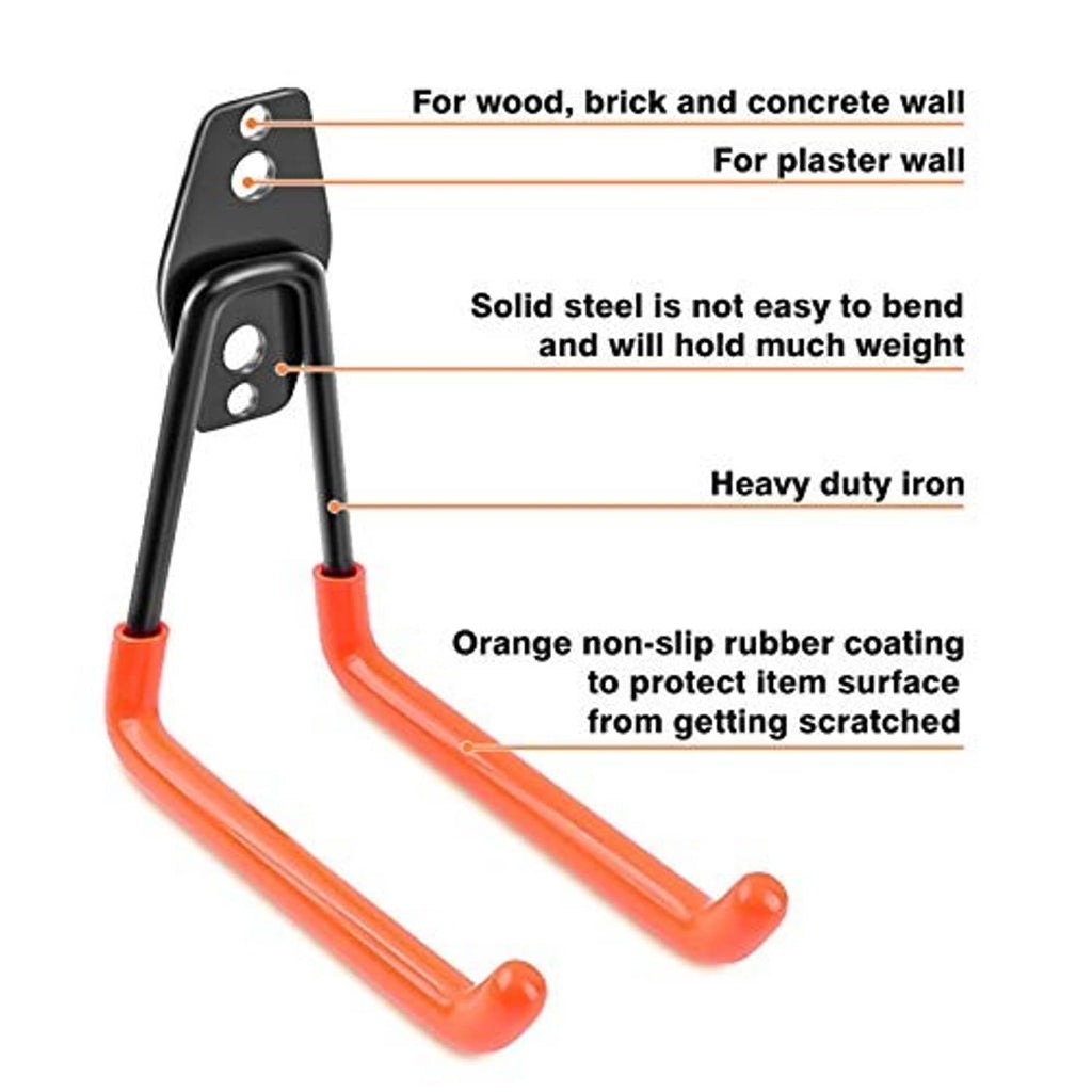 Close-up of black heavy-duty steel garage hooks with orange non-slip rubber coating