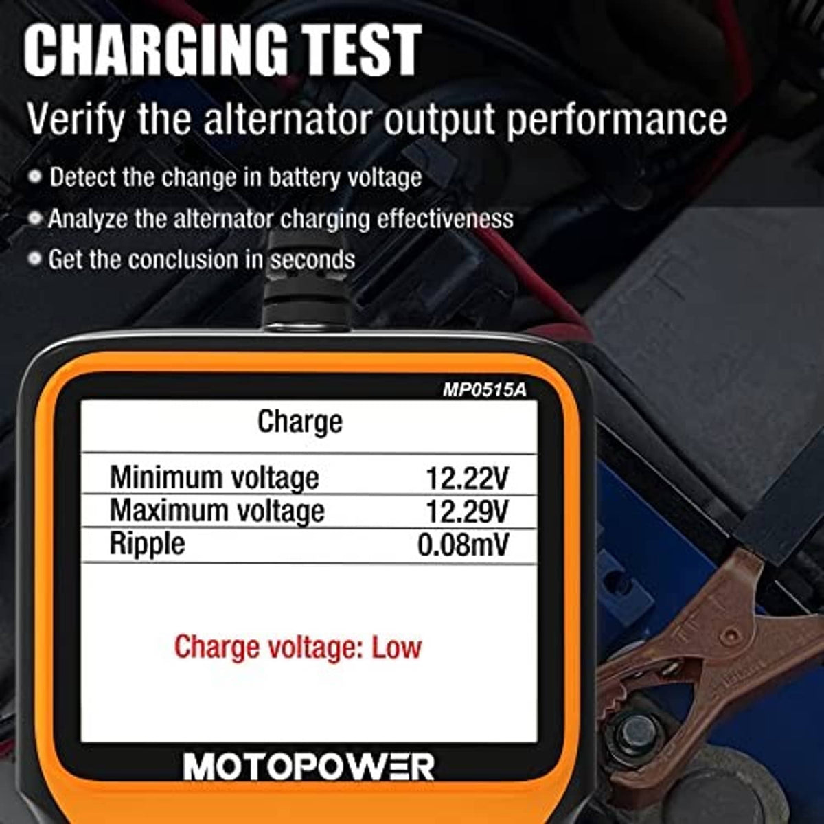 Car battery tester showing charging test results on LCD with clamp leads