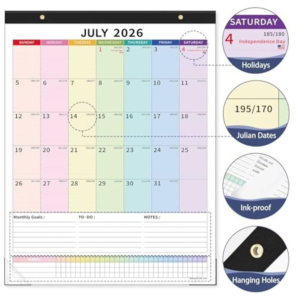 July 2026 wall calendar front with hanging holes and holiday detail callouts