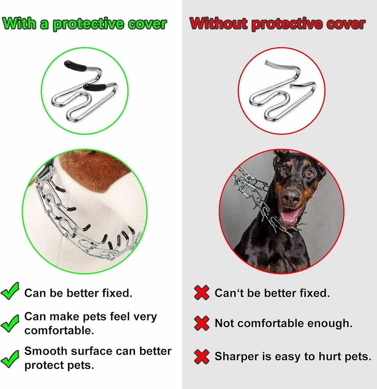 Prong collar chain with black protective tube cover cap on a link