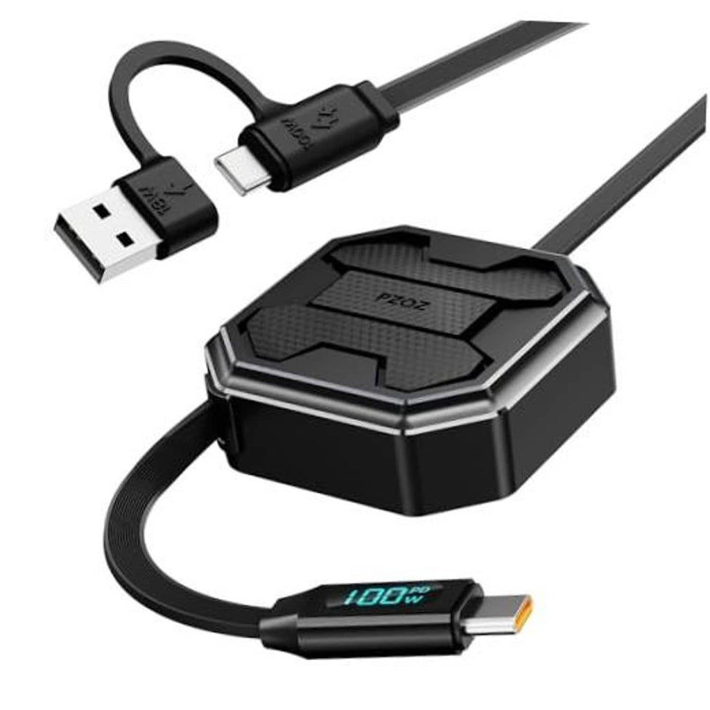 Retractable charging cable with USB-A and USB-C connectors, LED power display