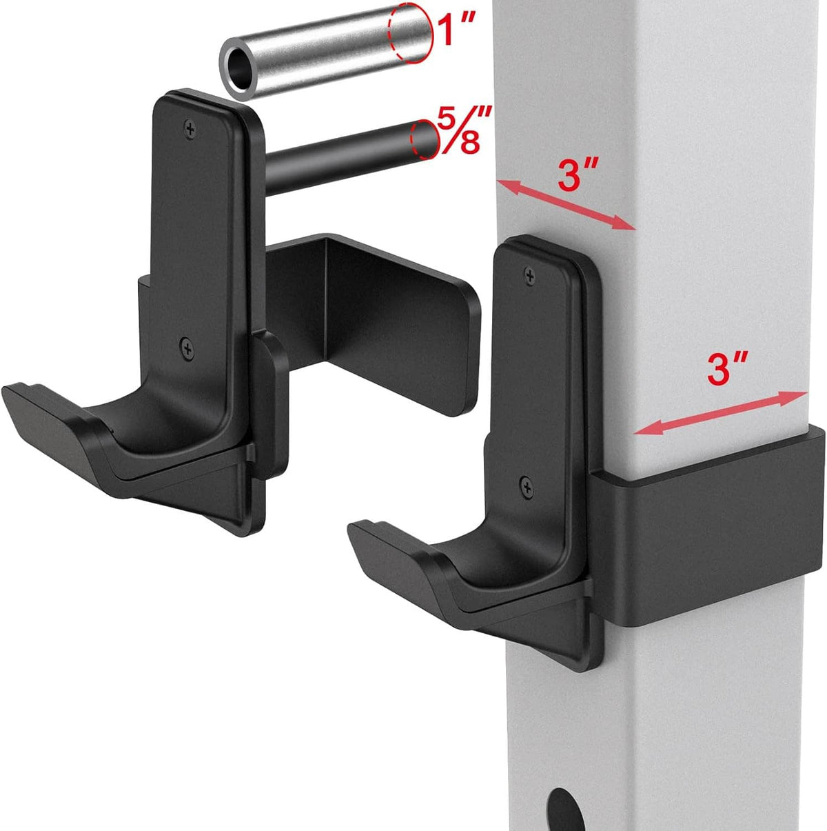 Black power rack J-hooks with labeled fit for bar and cage clearance dimensions