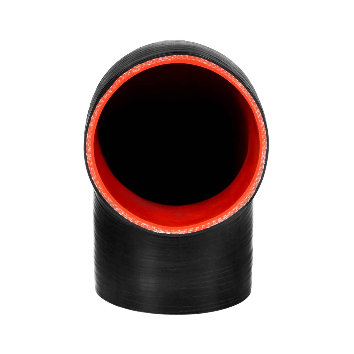 Black 90-degree silicone hose elbow end view with red inner lining