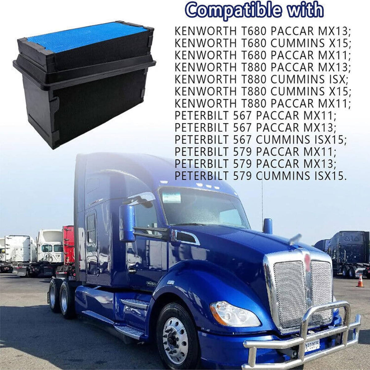 Engine air filter shown above a compatible truck, black housing with blue media top