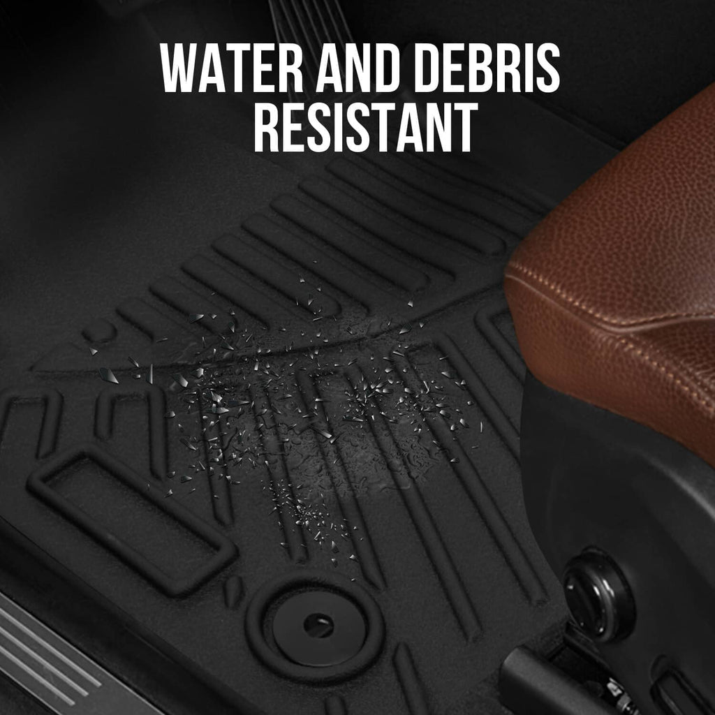 Close-up of black rubber floor mat texture with water-resistant channels and vent holes