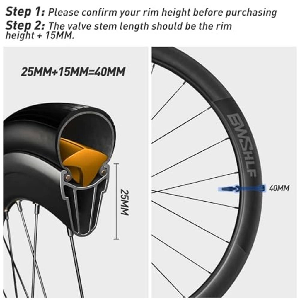 Presta tubeless valve stem fit illustration showing rim height and length relationship