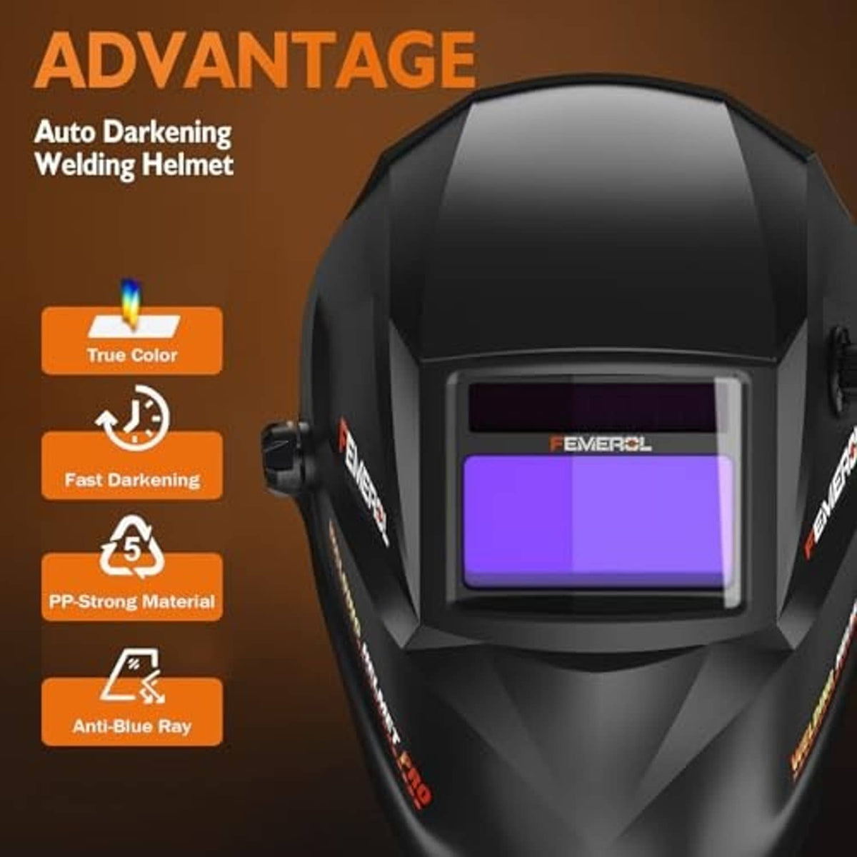 Auto-darkening welding helmet with large purple viewing window and matte black shell