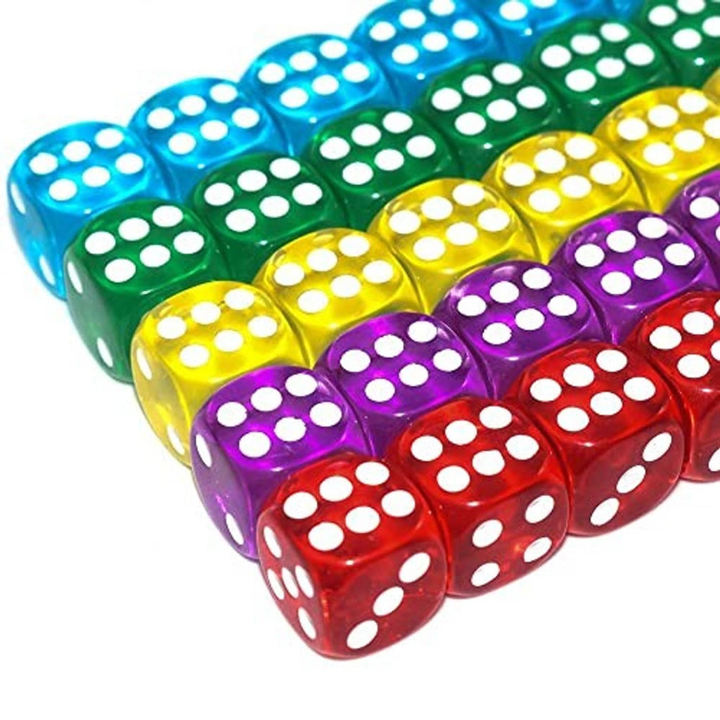 Angled row of translucent 14mm six-sided dice in blue, green, yellow, purple, red