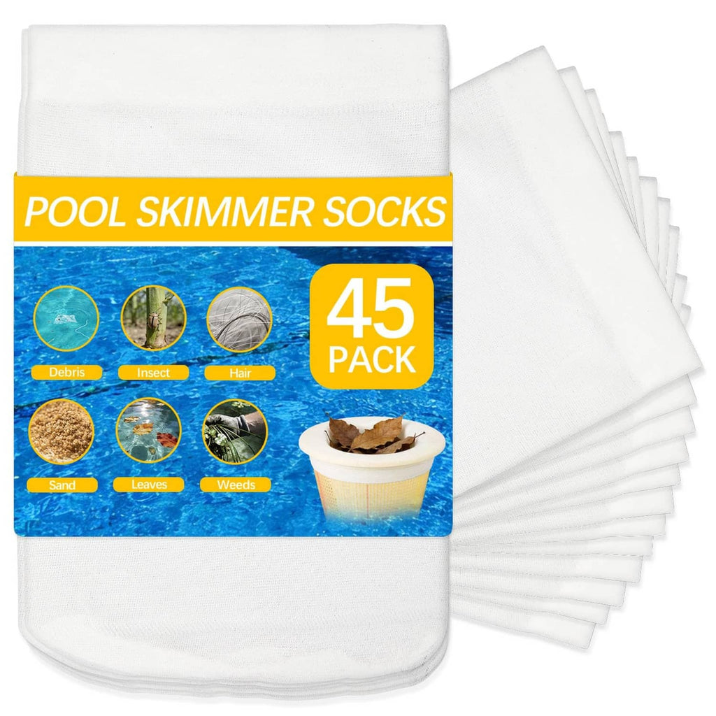 White pool skimmer socks, stack of 45 mesh filter bags