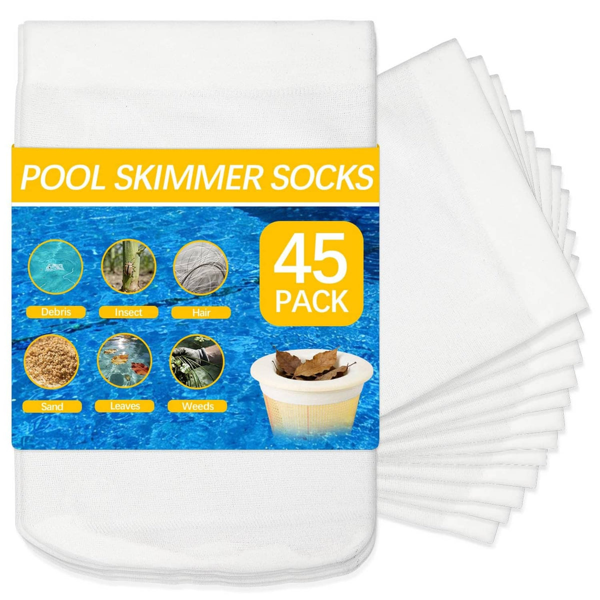 White pool skimmer socks, stack of 45 mesh filter bags