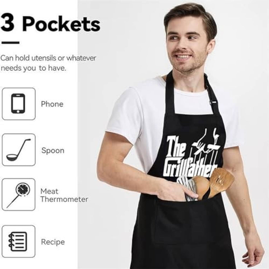 Black grilling apron worn by man, 'The Grillfather' print, three front pockets