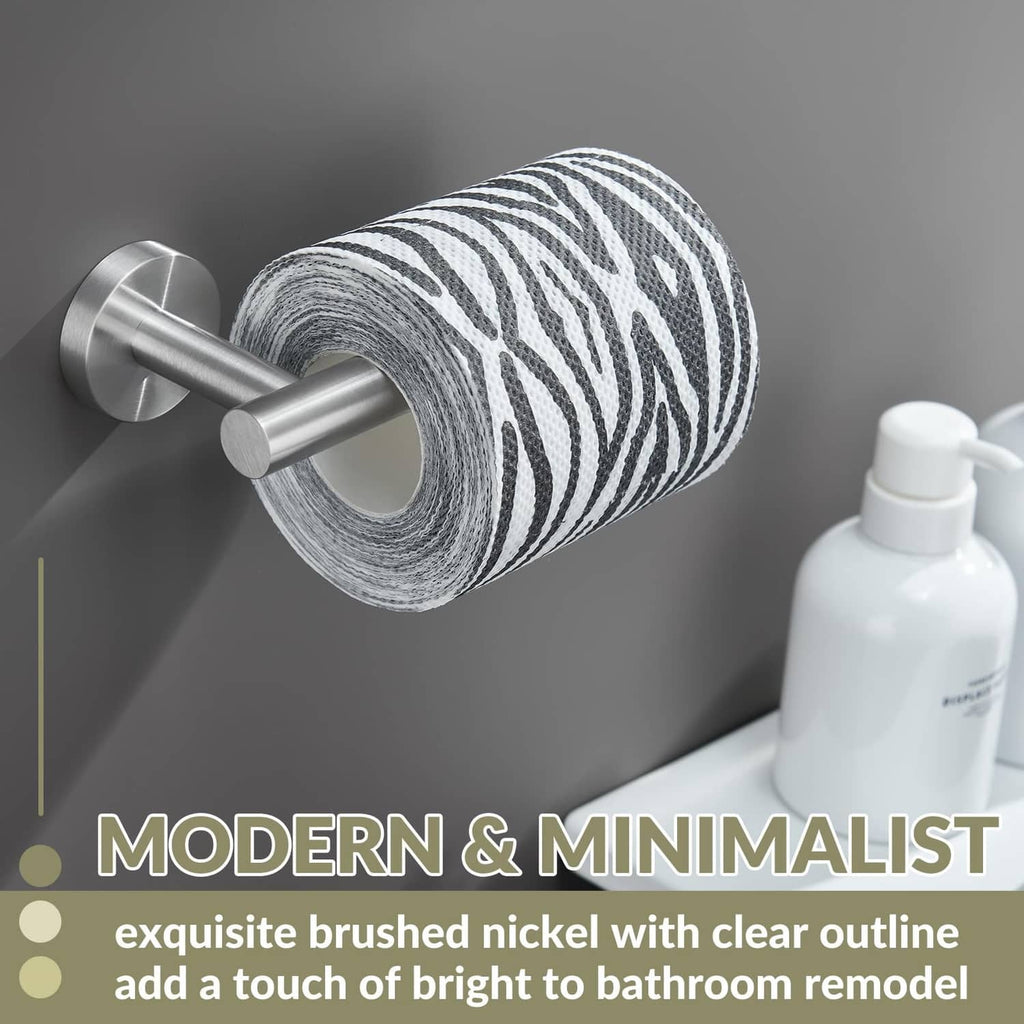 Brushed nickel stainless toilet paper holder holding a striped paper roll