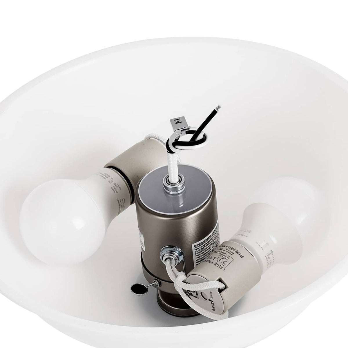 Ceiling fan light kit with white bowl cover, metal housing, and pull chain hardware