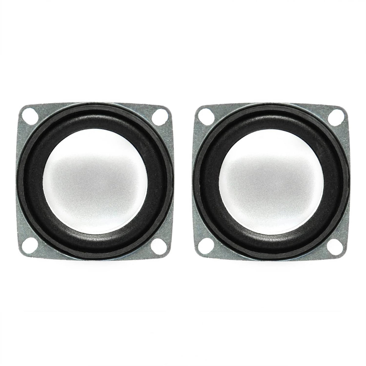 Two speaker driver faces with black foam surround and square mounting frames
