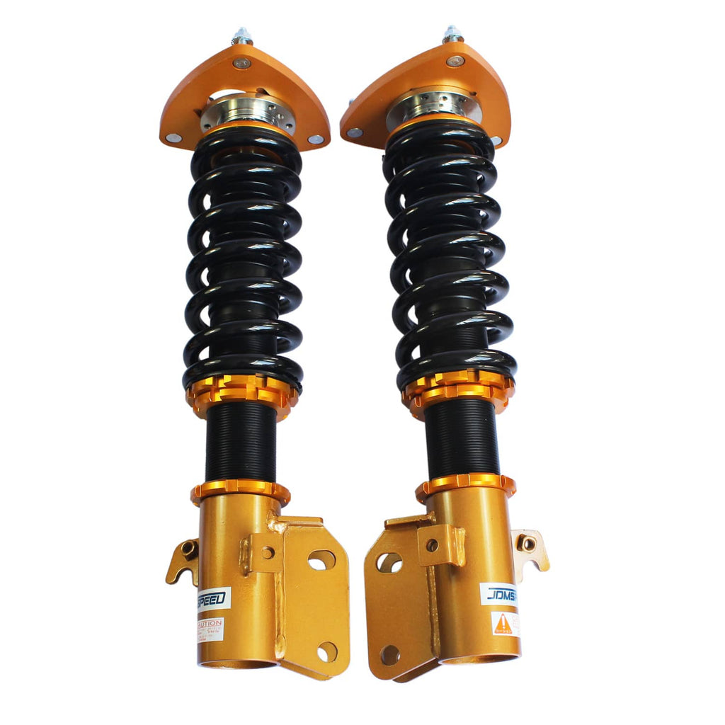 Pair of gold coilover struts with black coil springs and front mounting brackets