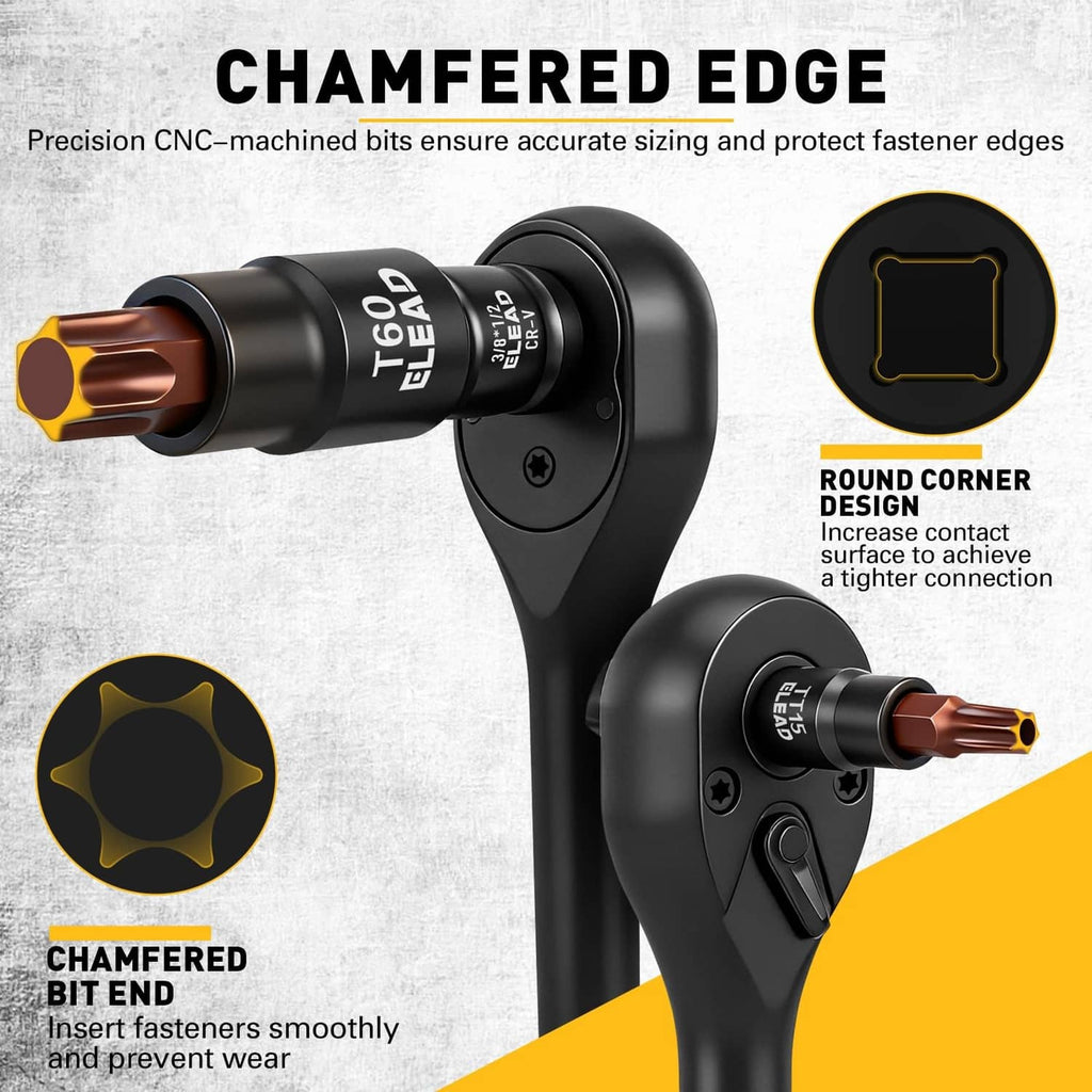 Torx bit socket with chamfered edge, showing black handle and copper tip