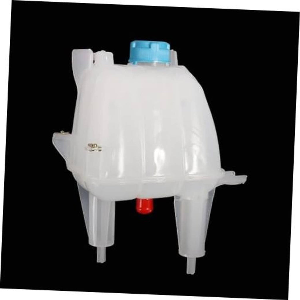 Engine coolant reservoir, white plastic tank with blue cap and red indicator valve