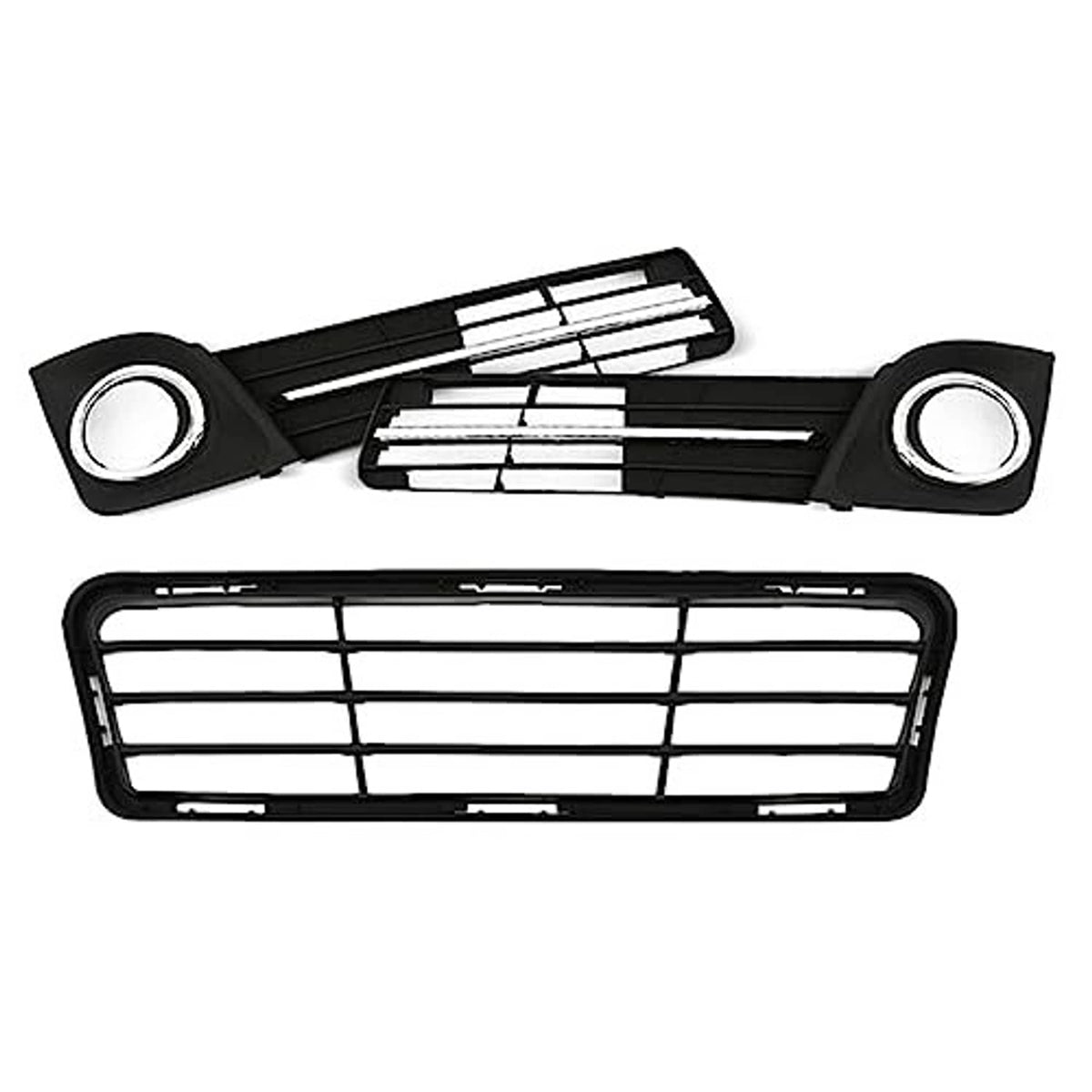 Front bumper grille and fog lamp bezel covers, black frames with chrome bar grilles