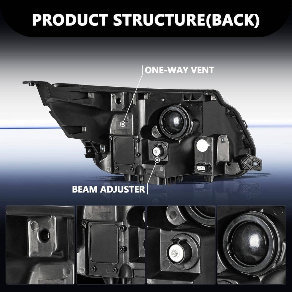 Back view of headlight assembly with beam adjuster and one-way vent