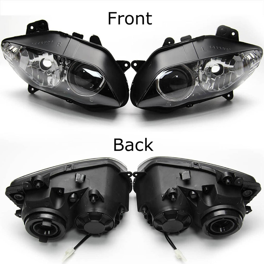 Front and back views of dual headlight housings with wiring leads