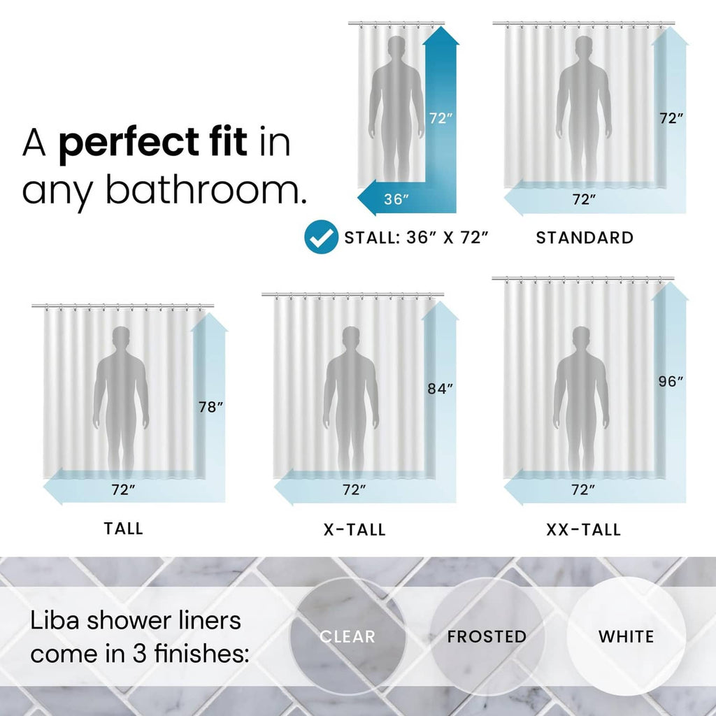 Clear PEVA shower curtain liner showing hanging lengths and fit options