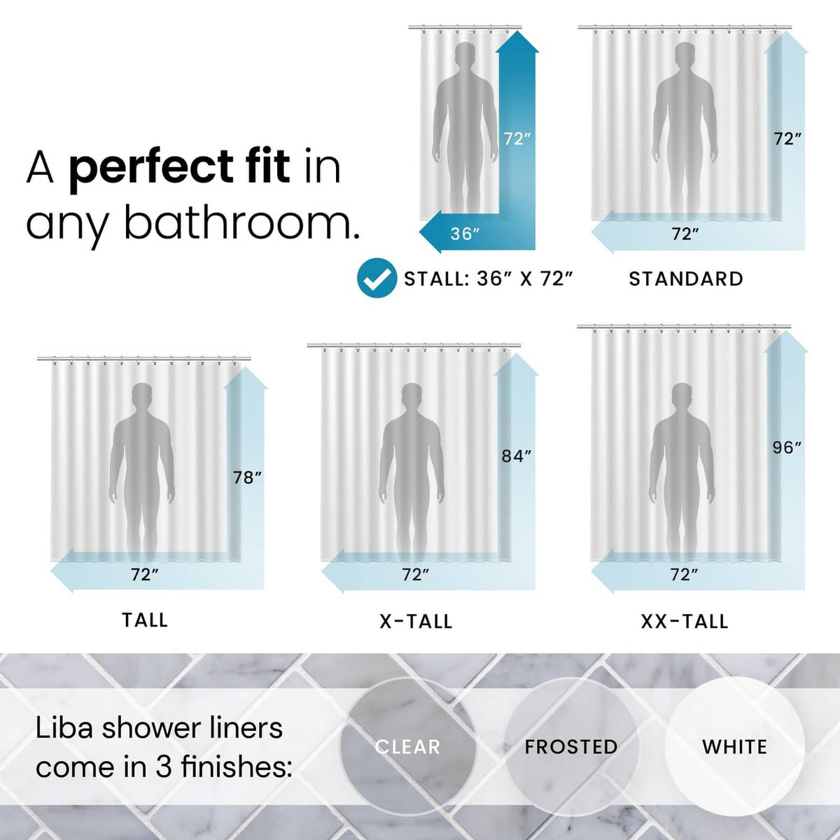 Clear PEVA shower curtain liner showing hanging lengths and fit options