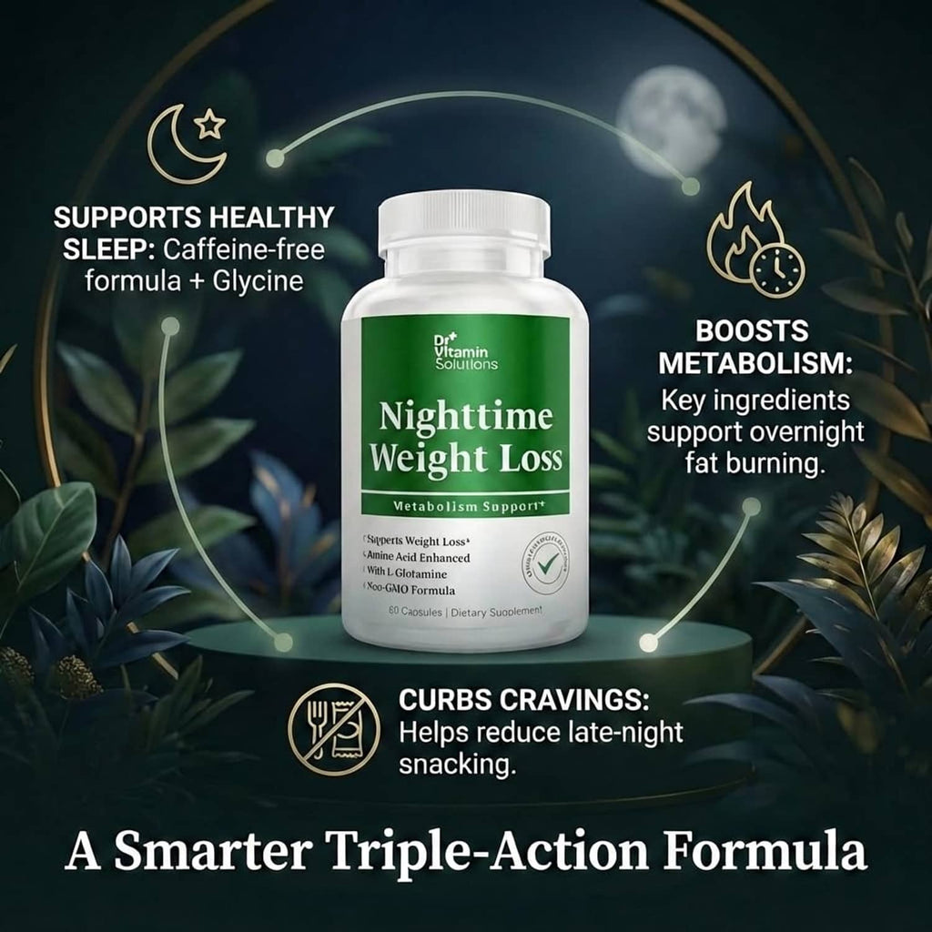 Nighttime weight loss supplement bottle with healthy sleep and boosts metabolism callouts