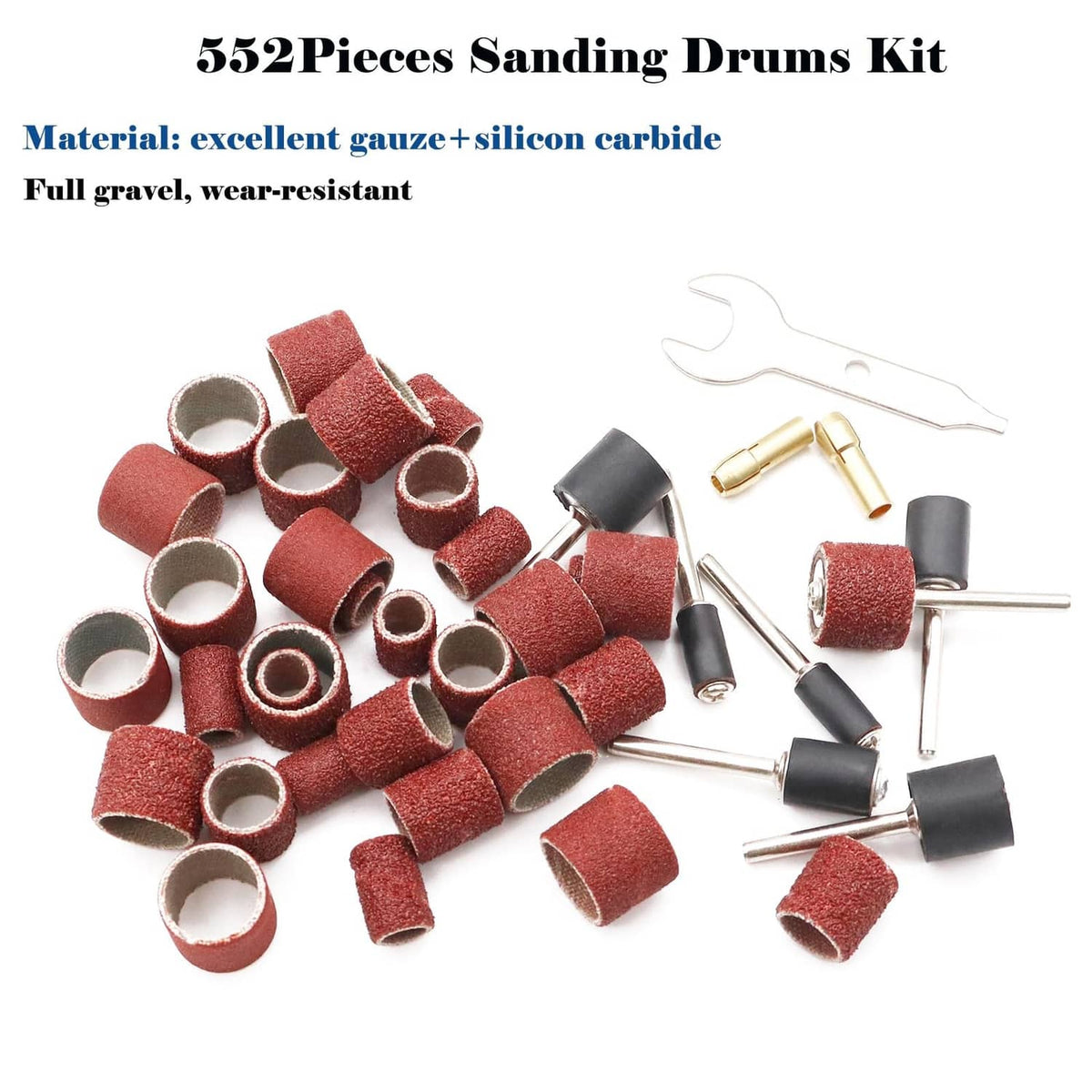 552-piece sanding drums kit with maroon abrasive sleeves and included mandrels and wrench