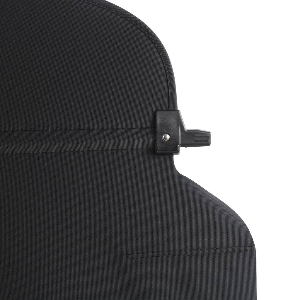 Black cargo cover corner with latch clip and metal mounting hardware