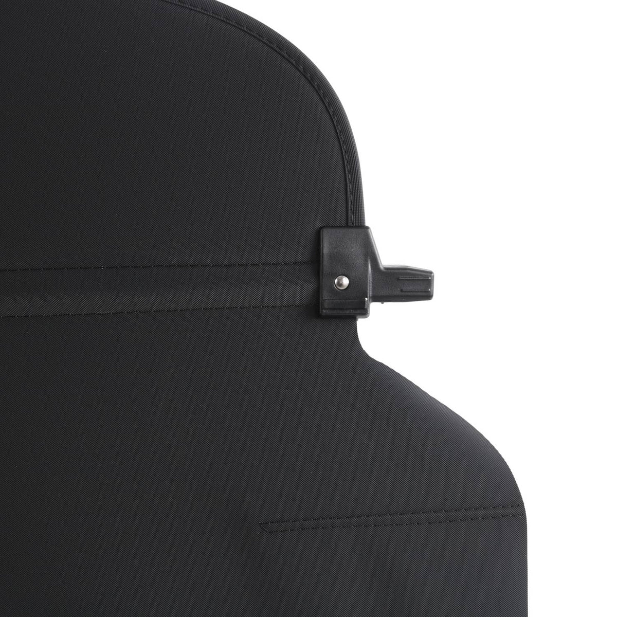 Black cargo cover corner with latch clip and metal mounting hardware