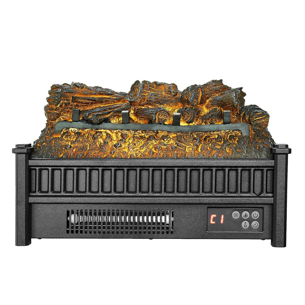 Electric fireplace log heater with faux logs, side panels, and LED control display