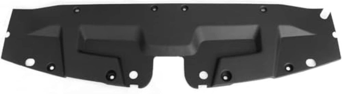 Black radiator support cover with central cutout and side mounting holes